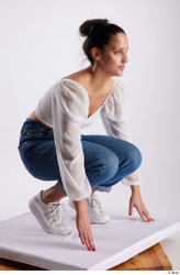 Whole Body Woman White Casual Slim Kneeling Studio photo references